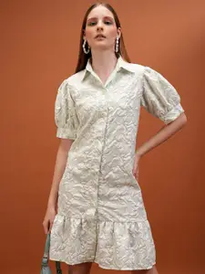 Tokyo Talkies Green Floral Self Design Puff Sleeves Shirt Style Dress