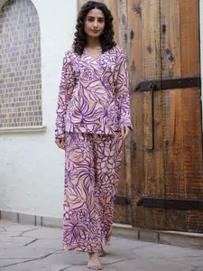 SANSKRUTIHOMES Printed Pure Cotton V-Neck Top With Flared Trouser Co-Ords