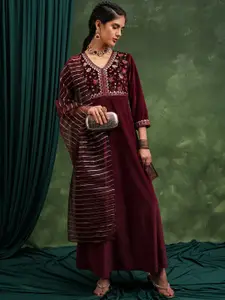 Vishudh Maroon Floral Embroidered V-Neck Maxi Ethnic Dress With Dupatta