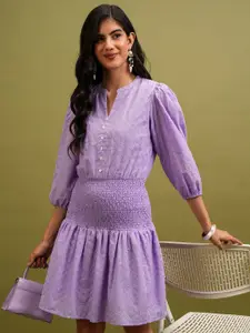 Vishudh Lavender Self Design Mandarin Collar Puff Sleeves Smocked A-Line Dress