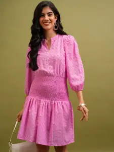 Vishudh Pink Self Design Mandarin Collar Puff Sleeves Smocked A-Line Dress