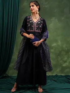 Vishudh Floral Embroidered V-Neck Maxi Ethnic Dress With Dupatta
