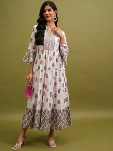 Vishudh White Floral Printed Mandarin Collar Bell Sleeves Tiered Maxi Dress
