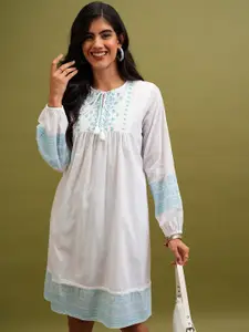 Vishudh White Floral Embroidered Tie-Up Neck Cotton Empire Dress