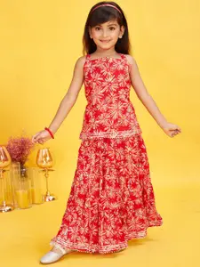 Maaikid Girls Floral Printed Pure Cotton Kurti With Skirt