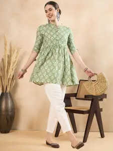 Anouk Floral Printed Ruched Pure Cotton A-Line Kurti