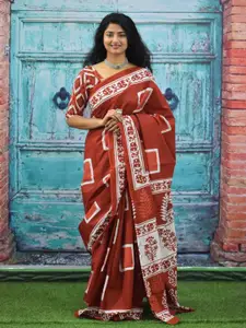 JALTHER Geometric Block Print Jaipuri Pure Cotton Mulmul Saree