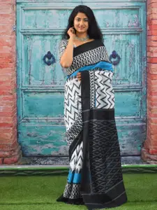 JALTHER Geometric Block Print Jaipuri Pure Cotton Mulmul Saree