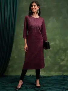 Vishudh Maroon Abstract Printed Mukaish Straight Kurta