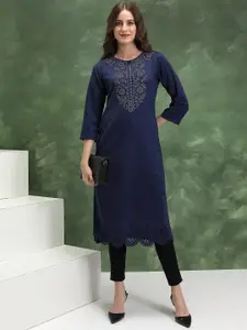 Vishudh Navy Blue Embellished Yoke Design Beads and Stones Straight Kurta