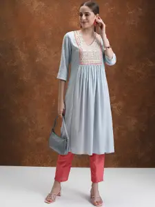 Vishudh Ethnic Motifs Yoke Design Pleated Mirror Work A-Line Kurta