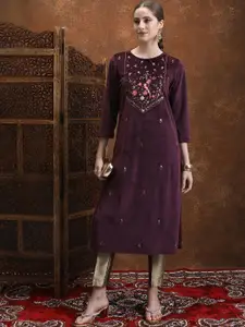 Vishudh Purple Ethnic Motifs Embroidered Straight Kurta
