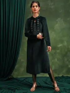 Vishudh Green Ethnic Motifs Embroidered Keyhole Neck Straight Kurta
