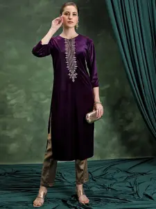 Vishudh Magenta Floral Yoke Design Embroidered Straight Kurta