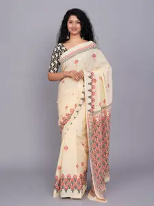 JALTHER Ethnic Motifs Block Print Jaipuri Pure Cotton Mulmul Saree