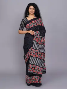 JALTHER Floral Block Print Jaipuri Pure Cotton Mulmul Saree