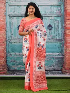 JALTHER Floral Block Print Jaipuri Pure Cotton Mulmul Saree