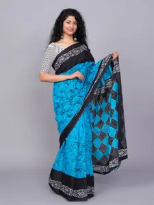 JALTHER Geometric Block Print Jaipuri Pure Cotton Mulmul Saree