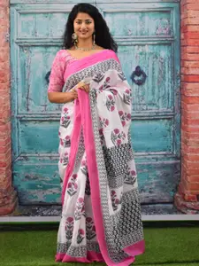 JALTHER Geometric Block Print Jaipuri Pure Cotton Mulmul Saree