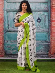 JALTHER Typography Block Print Jaipuri Pure Cotton Mulmul Saree