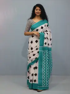 JALTHER Geometric Printed Jaipuri Pure Cotton Mulmul Block Print Saree
