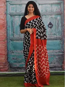 JALTHER Geometric Printed Jaipuri Pure Cotton Mulmul Block Print Saree