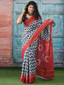 JALTHER Geometric Printed Jaipuri Pure Cotton Mulmul Block Print Saree