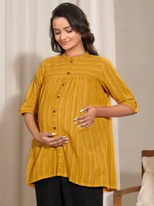 Janasya Vertical Striped Mandarin Collar Cotton A-Line Maternity Top