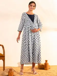 Janasya White Floral Printed Round Neck Gathered Maternity Cotton A-Line Maxi Dress