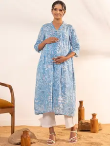 Janasya Women's Sky Blue Cotton Floral Printed A-Line Maternity Kurta