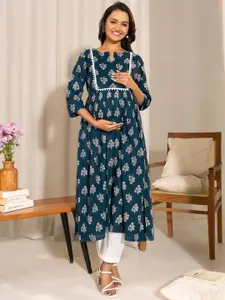 Janasya Floral Printed Notch Neck A-Line Maternity Kurta