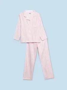 mackly Girls Striped Lapel Collar Long Sleeves Pure Cotton Night suit