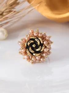 Silvermerc Designs Women Gold-Plated Pearls Beaded Rose Flower Adjustable Finger Ring