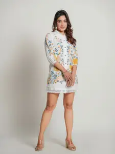 Zolo Label Floral Embroidered Shirt Collar Tassel Cotton Sheath Dress