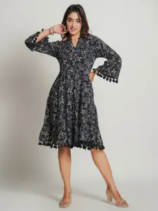 Zolo Label Floral Printed Bell Sleeves Tassel Cotton Fit & Flare Dress