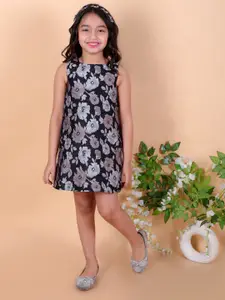KidsDew Girls Floral Woven Designed Round Neck Jacquard A-Line Dress