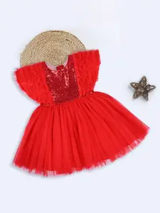 Wish Karo Girls Embellished Flutter Sleeves Sequinned Georgette Net Fit & Flare Dress