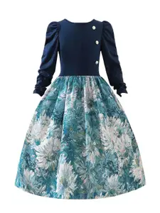 BAESD Girls Floral Printed Puff Sleeves Fit & Flare Maxi Dress