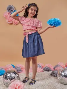 pspeaches Girls Self Design Off-Shoulder Blousan Top with Skirt