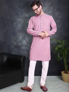 Jompers Floral Embroidered Mandarin Collar Sequinned Pure Cotton Kurta With Churidar