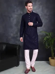 Jompers Floral Embroidered Mandarin Collar Chikankari Pure Cotton Kurta with Churidar
