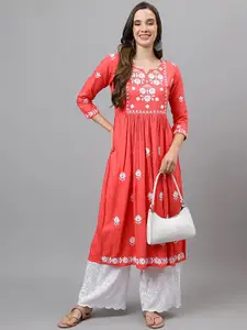 RATAN Floral Embroidered Chikankari Pleated A-Line Kurta