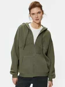 Koton Typography Embroidered Hooded Front-Open Sweatshirt