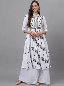 RATAN Women Striped Mirror Work White Romance Kurta