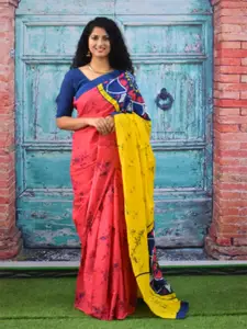 JALTHER Tie and Dyed Mulmul Cotton Block Print Saree
