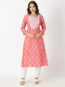 SAFFRON THREADS Floral Print Lucknowi Chikankari Embroidery Kurta