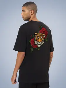 Mad Over Print Rose Tiger Printed Drop-Shoulder Sleeves Cotton Oversized Tshirt