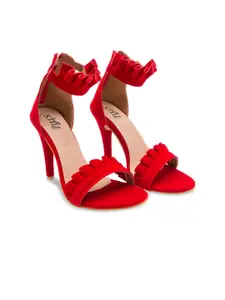 stylzrepublic Girls Open Toe Velvet Ruffled Stiletto Heels