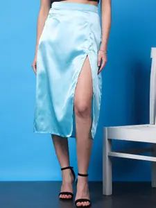 Cation Blue Elegance High Rise Satin Straight Midi Skirt With Front Slit