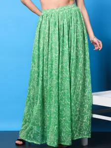 Cation Green Verdant Bloom Floral Printed Gathered Flared Maxi Skirt